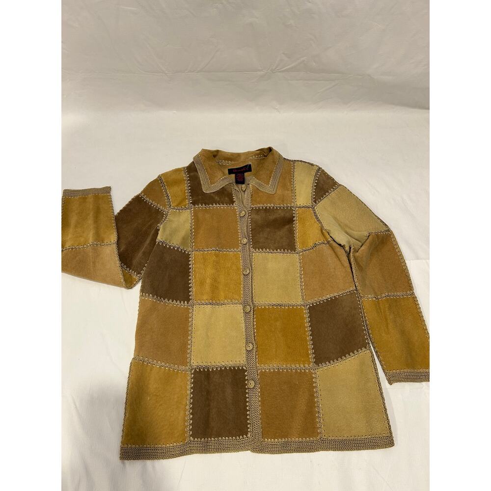 Denim & Co Women's Brown & Tan Patchwork Crochet Swede Jacket Small